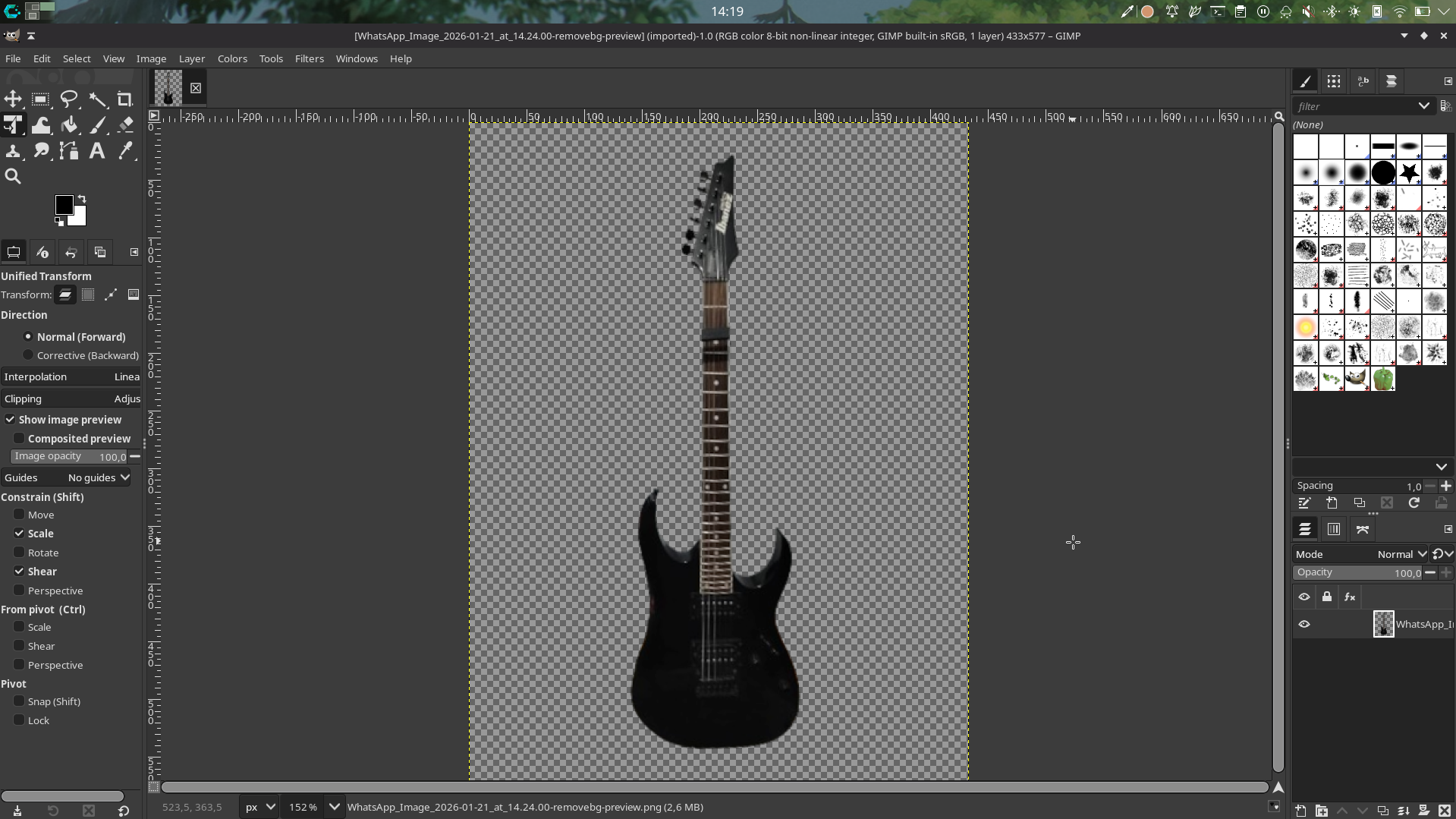 The guitar isolated from the background in GIMP